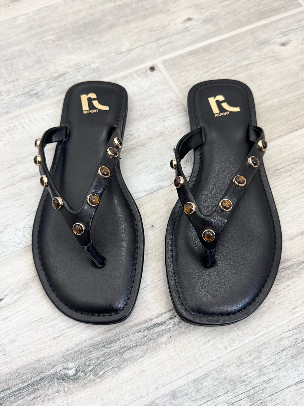Report Black Tortoise Gold Studded Thong Flip Flop Sandals